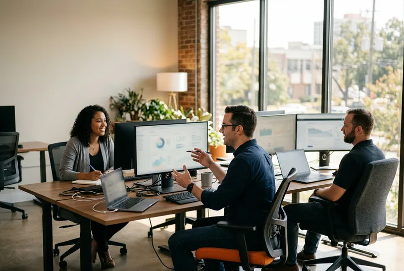 A small modern technology team of three IT professionals collaborating at multi-monitor workstations inside a bright Baton Rouge Louisiana office with tall windows, warm afternoon light, and an orange accent chair