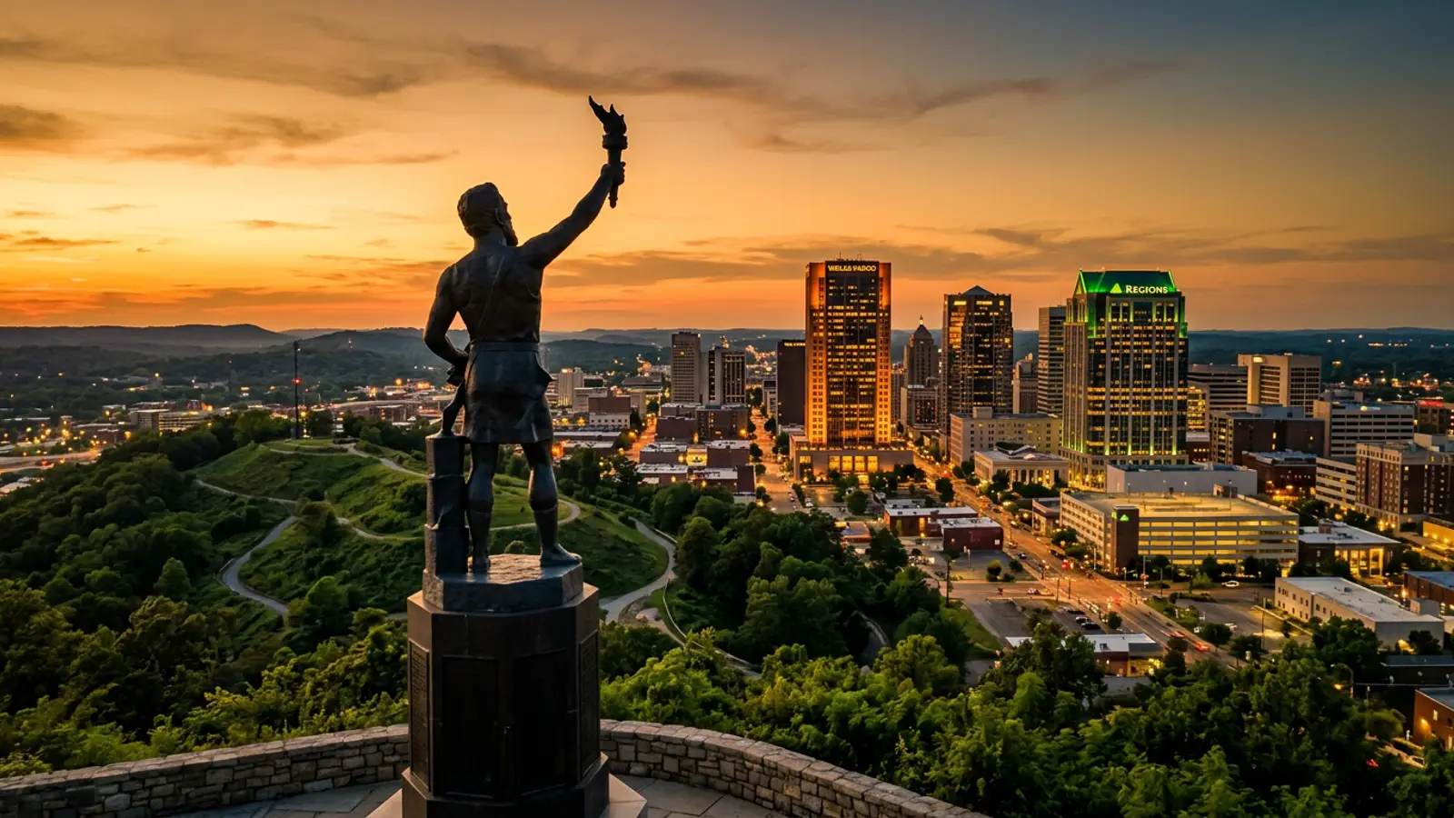 Birmingham Alabama downtown skyline at golden hour with the cast iron Vulcan statue silhouetted in the foreground and Wells Fargo Tower in the background