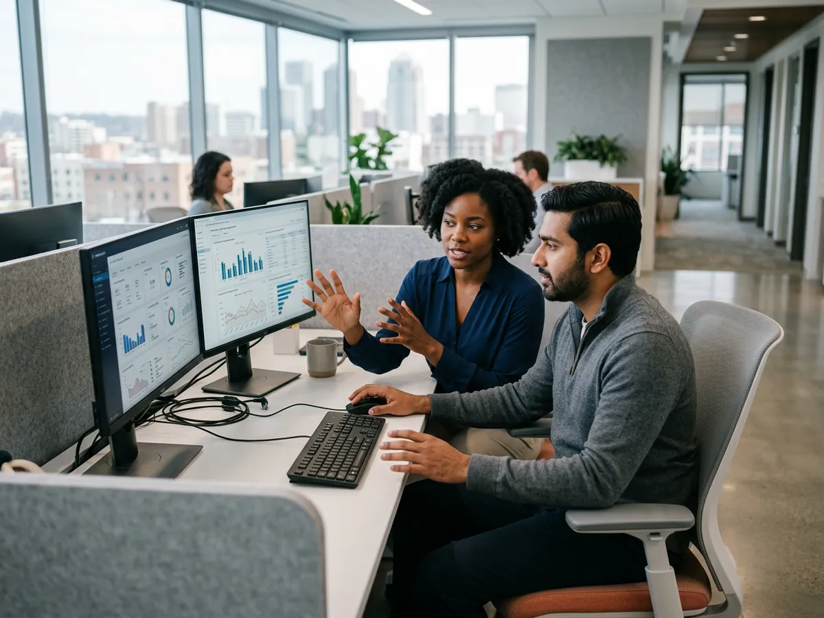 Healthcare IT analysts collaborating around dual monitor workstations reviewing clinical dashboards and revenue cycle screens in a Birmingham Alabama medical center office