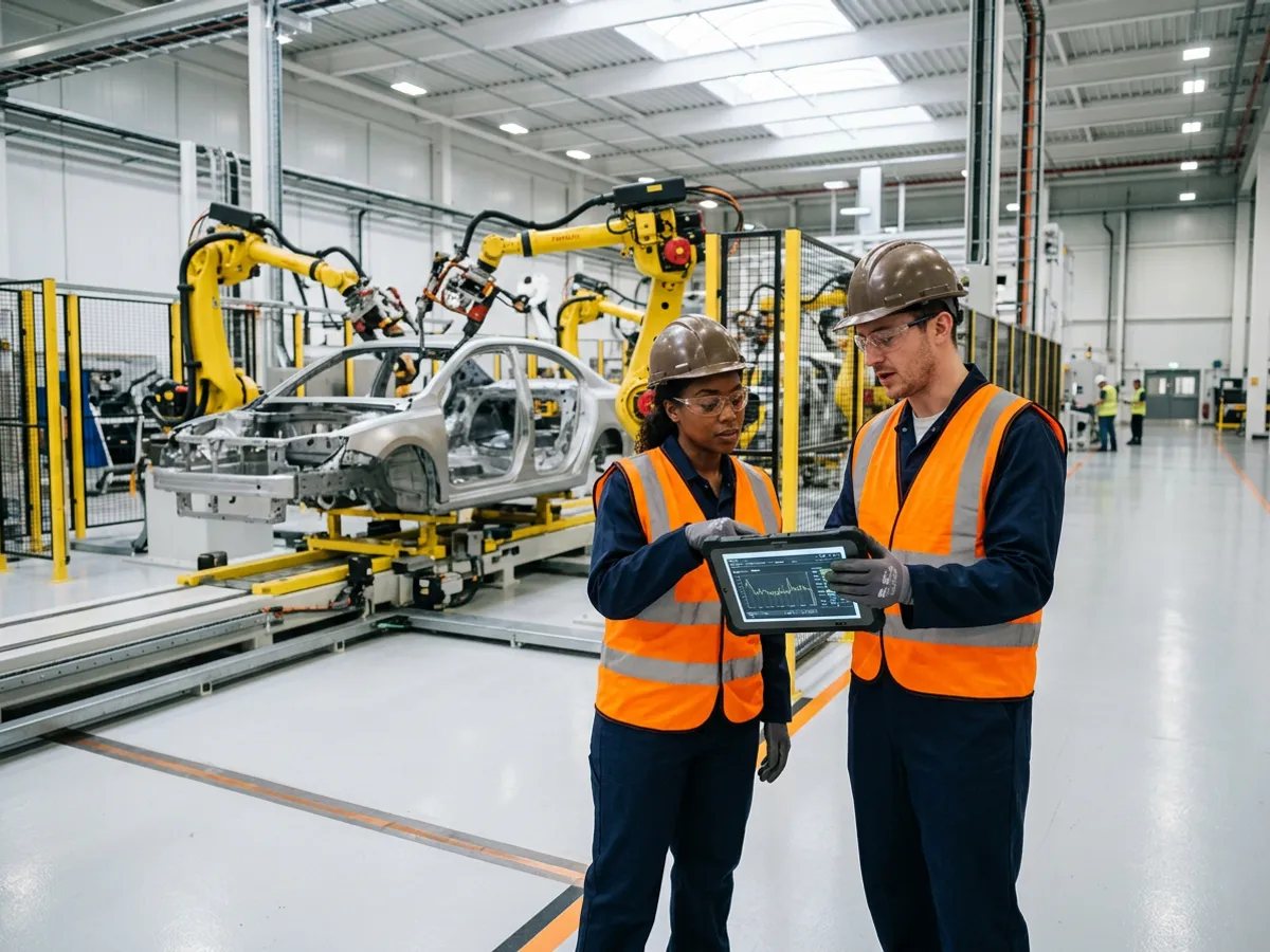 Industrial process engineers in safety vests reviewing automotive production line data on a ruggedized tablet at an Alabama automotive plant