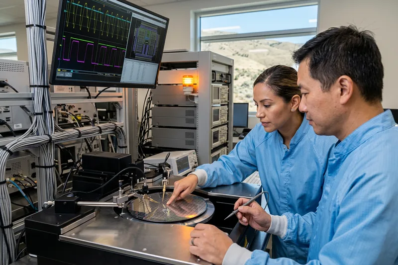Semiconductor and product engineers reviewing wafer test results and silicon schematics in a Boise Idaho fab-style cleanroom lab