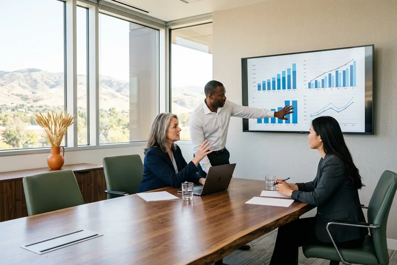 Finance professionals reviewing forecasts on dashboards in a sunlit modern corporate boardroom in downtown Boise Idaho
