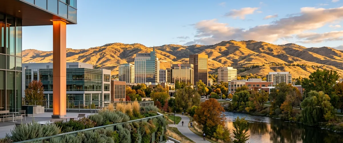 Modern downtown Boise Idaho skyline with the Boise Foothills behind a sunlit Treasure Valley business district on a clear morning