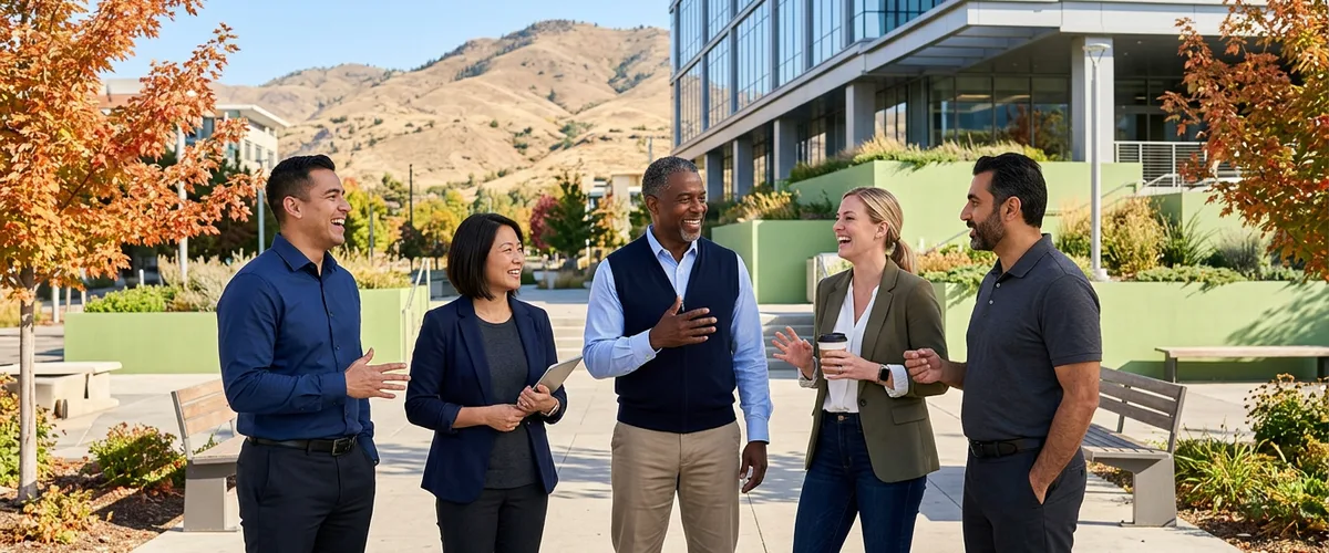 Diverse Boise professionals from semiconductor, grocery, fintech, and agribusiness backgrounds collaborating outside a modern downtown Treasure Valley plaza