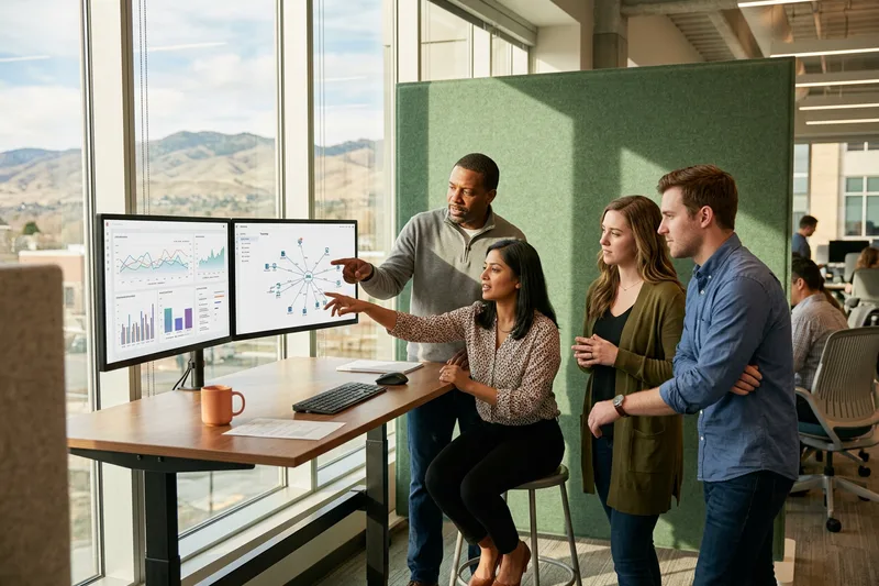 IT team reviewing platform dashboards inside a modern Boise technology campus office with warm afternoon light from the Treasure Valley