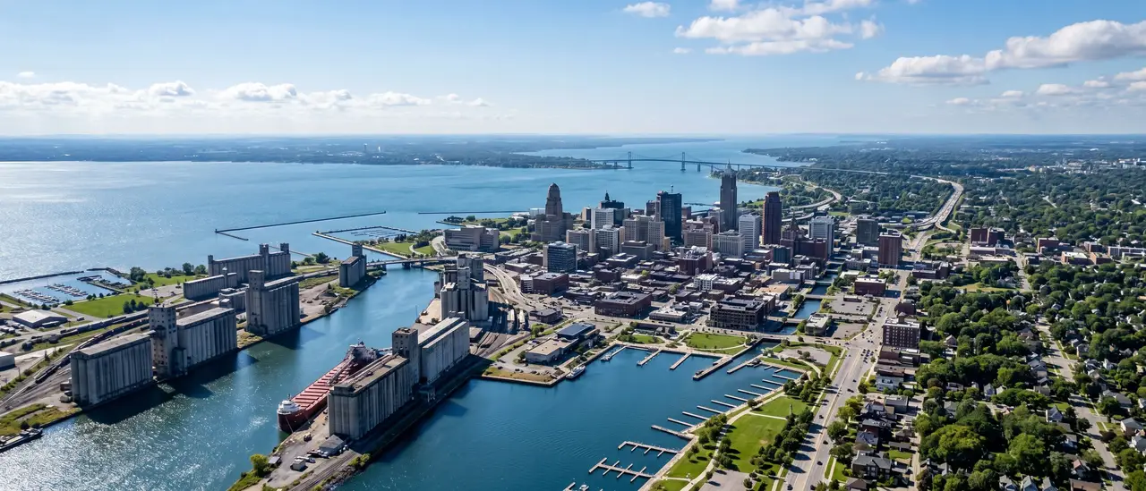 High aerial daytime view of the Buffalo New York region along the Lake Erie waterfront, with the downtown skyline, historic concrete grain elevators along the Buffalo River, a long bridge crossing the water toward the far shore, and the green suburbs of Erie County under a cool blue sky