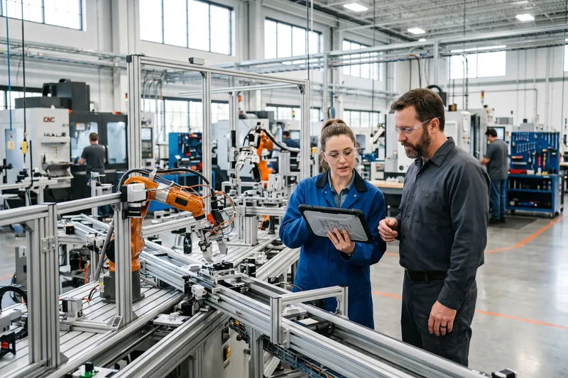 Two engineers in safety glasses and protective gear reviewing a tablet beside a precision motion-control assembly line inside a clean modern advanced-manufacturing plant in the Buffalo New York area, with CNC machinery and orange safety accents under bright daylight