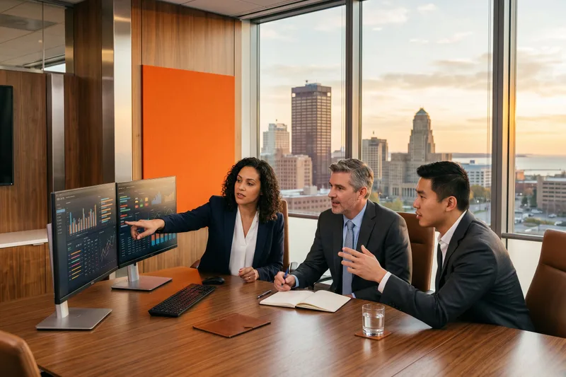 Three finance professionals reviewing financial data on monitors at a conference table inside a modern downtown Buffalo New York bank office with warm wood paneling, steel detailing, an orange accent, and large windows overlooking the city skyline