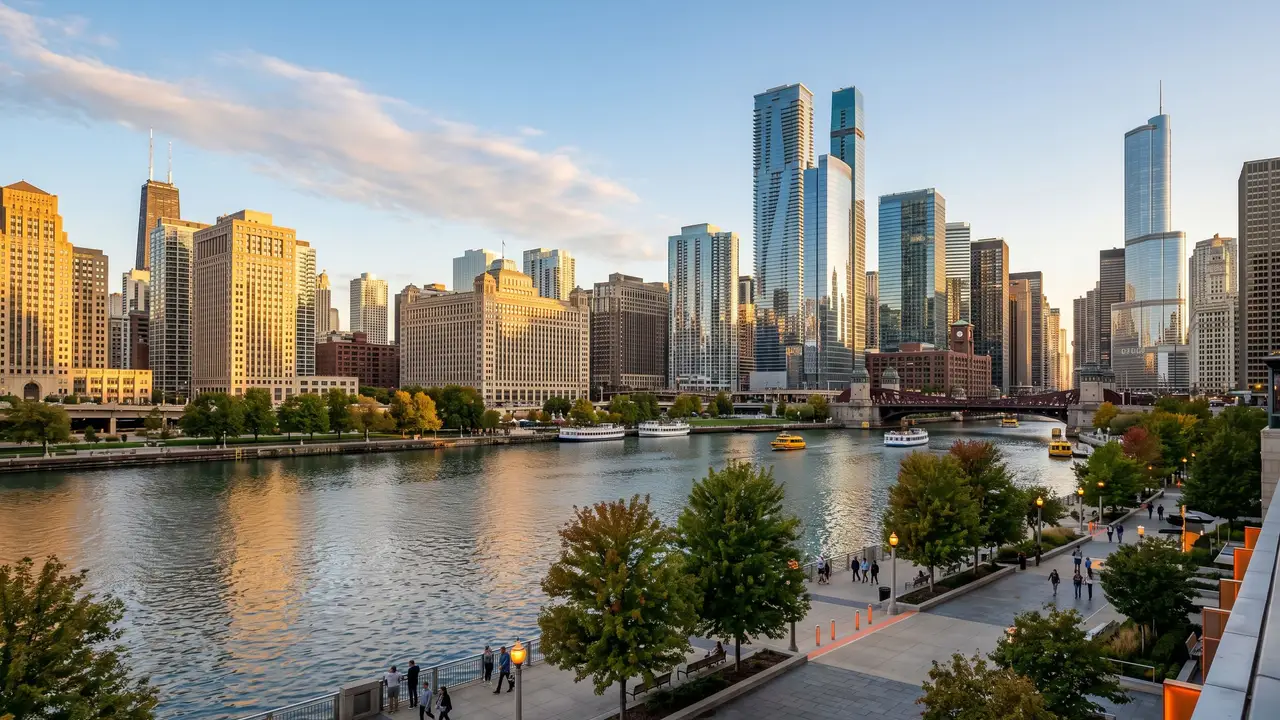 Golden-hour view of a Great Lakes city skyline along the Buffalo New York river waterfront, with modern downtown office towers and a calm waterfront promenade under a warm late-afternoon sky
