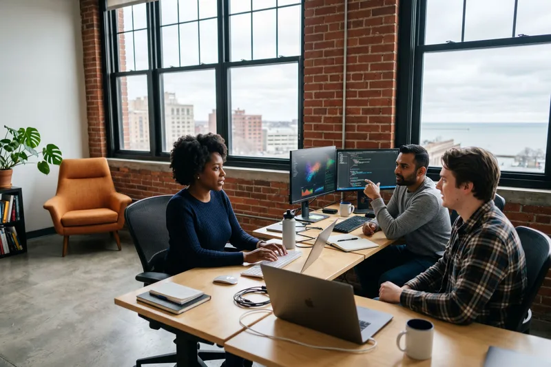A small modern technology team of three IT professionals collaborating at multi-monitor workstations inside a bright brick-and-glass loft office in downtown Buffalo New York, with large windows showing cool Lake Erie afternoon light and an orange accent chair