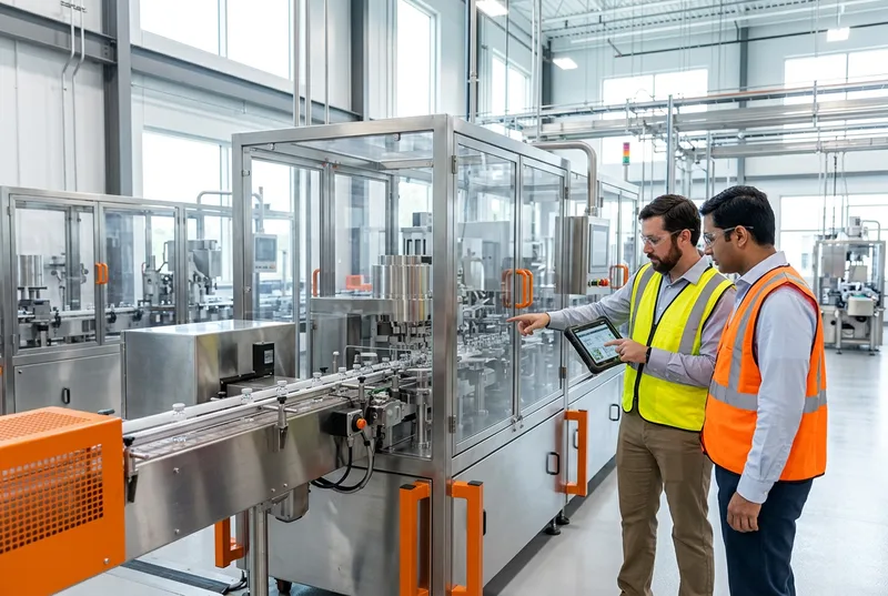 Two engineers in safety glasses and high-visibility vests reviewing a tablet beside a precision sterile production line inside a clean modern pharmaceutical and advanced manufacturing plant in the Columbia South Carolina area, with stainless equipment, control panels, and orange safety accents under bright daylight