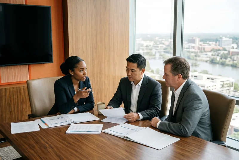 Three finance professionals reviewing financial data on monitors at a conference table inside a modern downtown Columbia South Carolina office tower with warm wood paneling, an orange accent, and large windows overlooking the city and the Congaree River