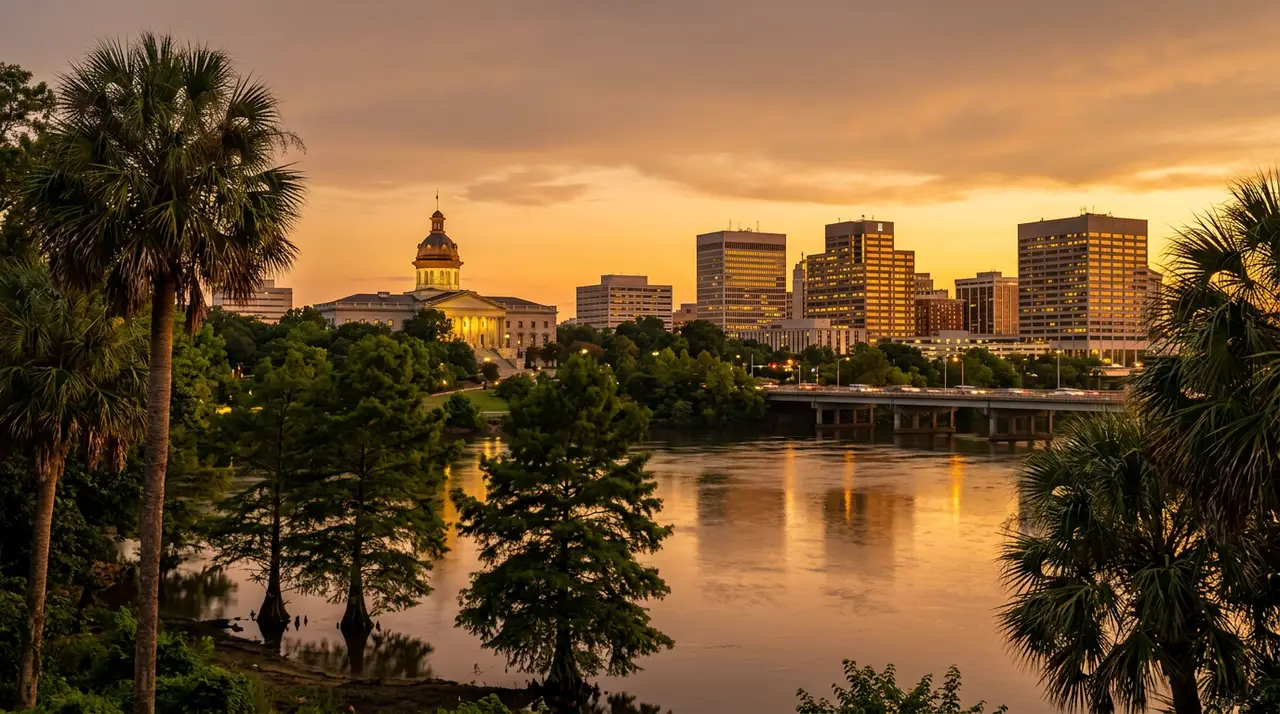 Warm golden-hour view of the South Carolina State House dome and downtown Columbia skyline rising above the Congaree River, with palmetto trees in the foreground and a hazy famously-hot summer sky overhead