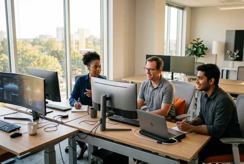 A small modern technology team of three IT professionals collaborating at multi-monitor workstations inside a bright Columbia South Carolina office with tall windows, warm afternoon light, and an orange accent chair