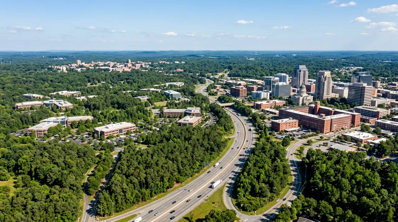 High aerial daytime view of the Durham and Research Triangle region of North Carolina, with the compact downtown Durham skyline and brick warehouses on one side, vast green pine forests of Research Triangle Park, low research campuses among the trees, and highways curving toward distant Chapel Hill under a clear sky