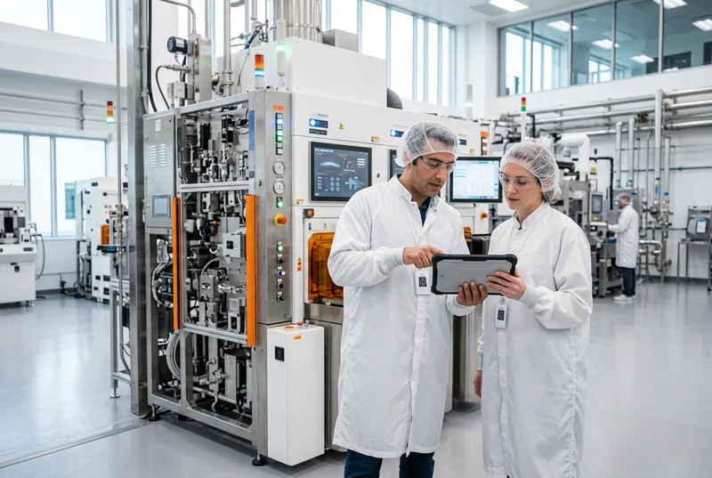 Two engineers in cleanroom coats, hairnets and safety glasses reviewing a tablet beside precision advanced-manufacturing and semiconductor equipment inside a spotless modern plant in the Durham North Carolina area, with stainless machinery, control panels, and orange safety accents under bright daylight