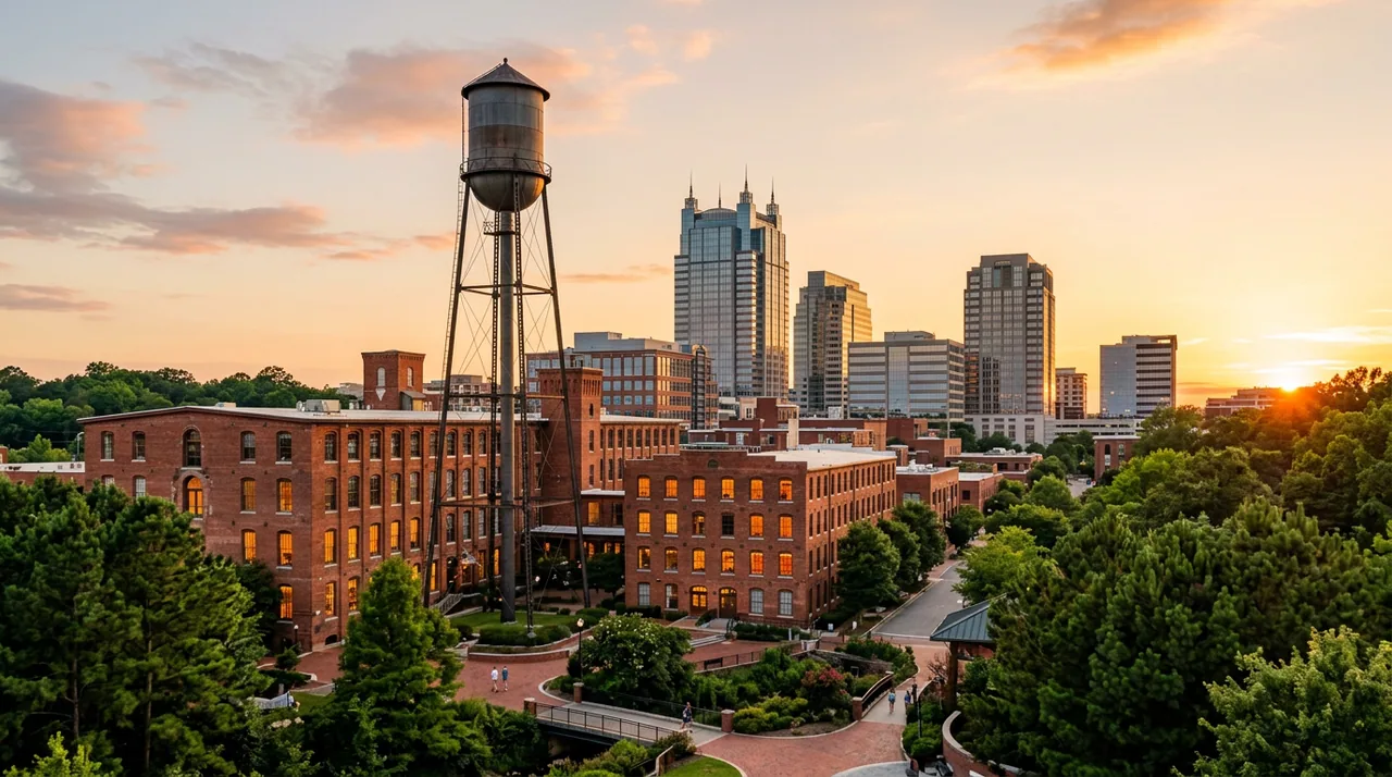 Golden-hour view of downtown Durham North Carolina, with restored red-brick tobacco warehouses and a tall industrial water tower in the foreground, modern glass office towers behind, and the green pine forests of the Research Triangle framing the skyline under a warm evening sky