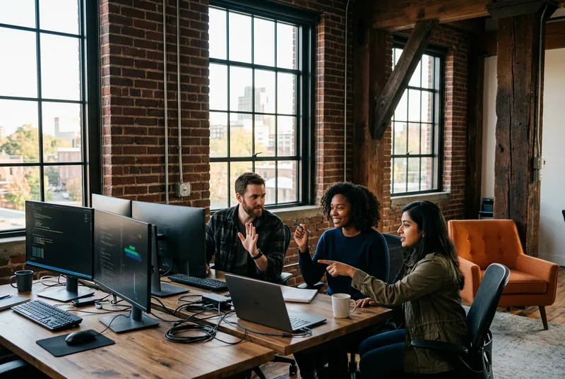 A small modern technology team of three IT professionals collaborating at multi-monitor workstations inside a bright converted historic tobacco-warehouse loft office in downtown Durham North Carolina, with exposed dark red brick, tall industrial windows, timber beams, and an orange accent chair