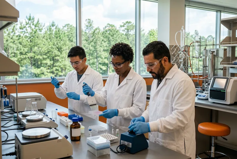 Three scientists in white lab coats and safety glasses working at a clean modern biopharmaceutical research bench inside a bright Research Triangle Park life-sciences laboratory in Durham North Carolina, with green pine trees visible through the windows and a warm orange accent wall