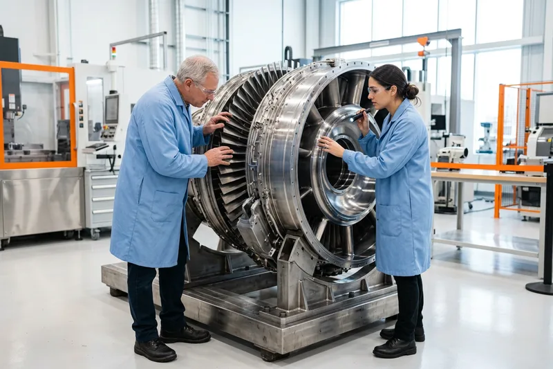 Aerospace manufacturing engineers in safety glasses inspecting a precision-machined turbine engine component on a clean Connecticut shop floor