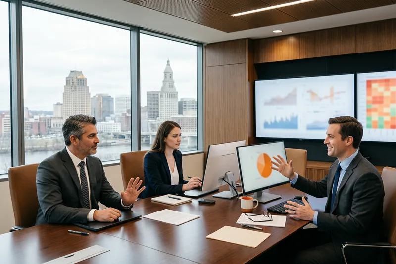 Finance and insurance professionals reviewing data at a conference table in a downtown Hartford insurance tower