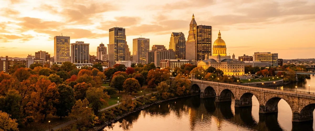 Downtown Hartford Connecticut skyline at golden hour with the Travelers Tower and the gold-domed Colt building along the Connecticut River