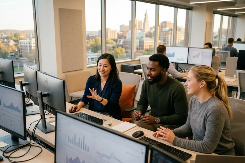 Small technology team working at multi-monitor workstations in a modern Hartford insurtech office