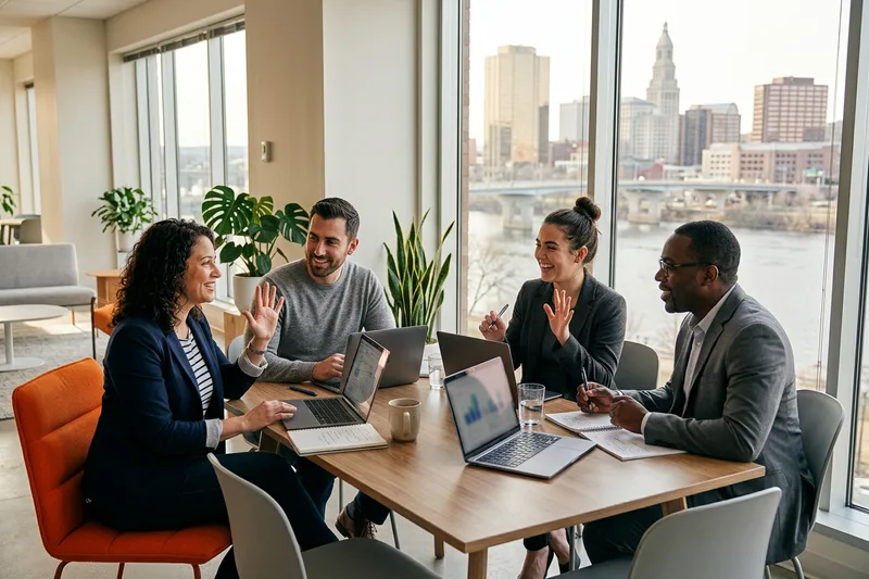 Professionals collaborating in a bright downtown Hartford office tower with the Connecticut River visible through the windows