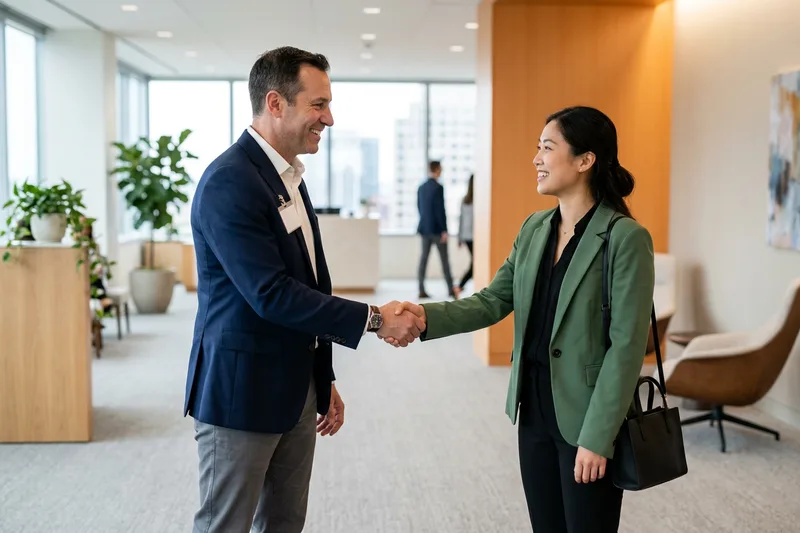 Hiring manager welcoming a new employee in a bright Hartford office reception area