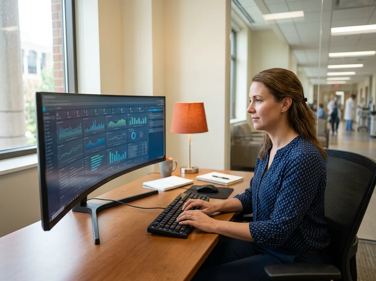 Healthcare IT analyst reviewing clinical workflow dashboards in a downtown Louisville medical center administration office