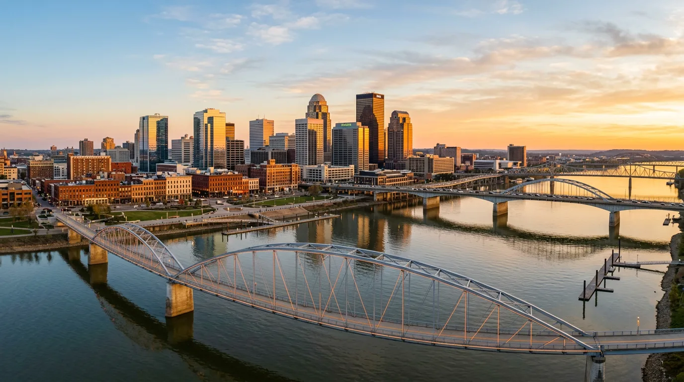 Louisville Kentucky downtown skyline along the Ohio River with the Big Four Pedestrian Bridge at golden hour