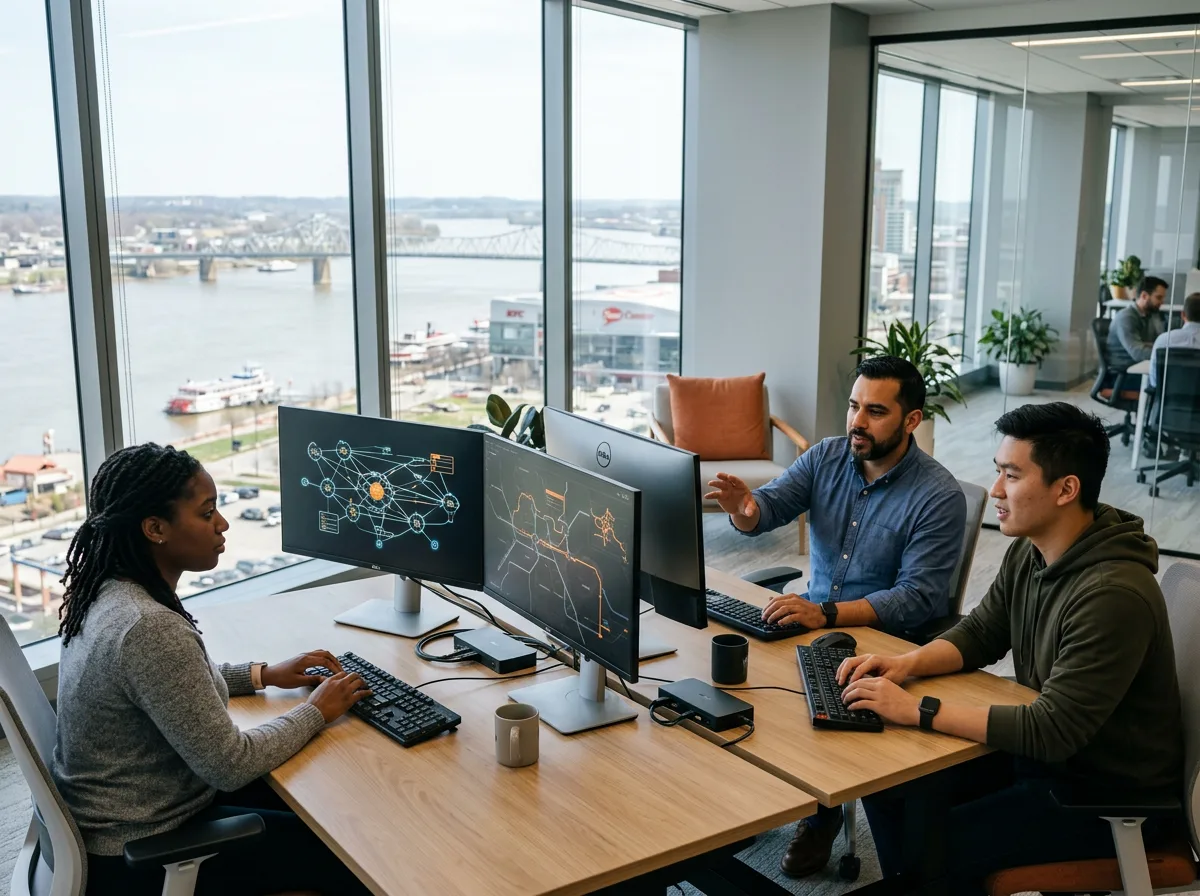 Engineers reviewing logistics network diagrams on multiple monitors in a downtown Louisville office tower overlooking the Ohio River
