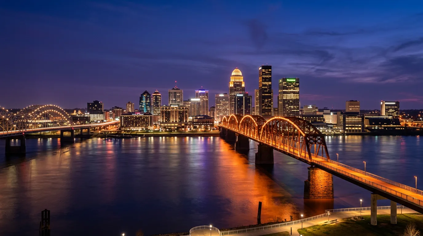 Louisville Kentucky downtown skyline at twilight with the Big Four Pedestrian Bridge illuminated and bridges across the Ohio River