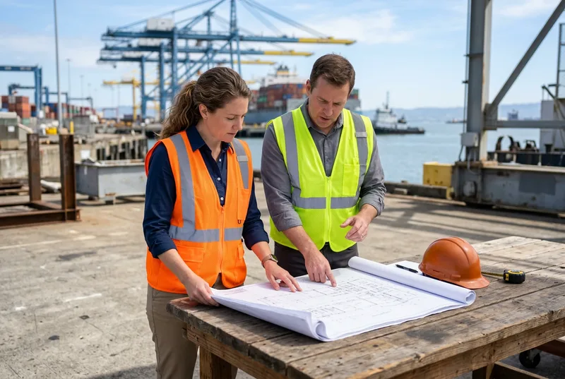 Two engineers in safety vests reviewing blueprints at the Port of Oakland with container cranes behind them