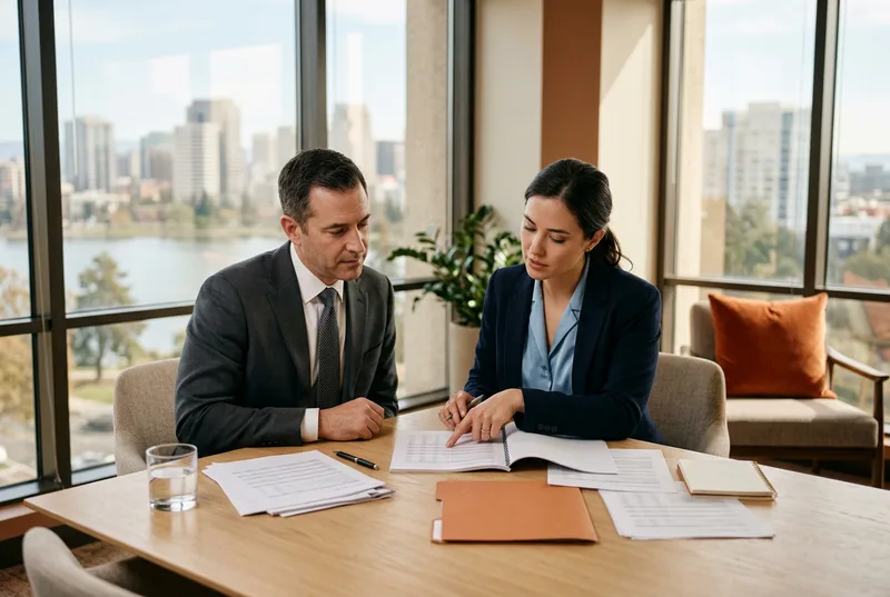 Finance professionals reviewing printed reports in a downtown Oakland office overlooking Lake Merritt