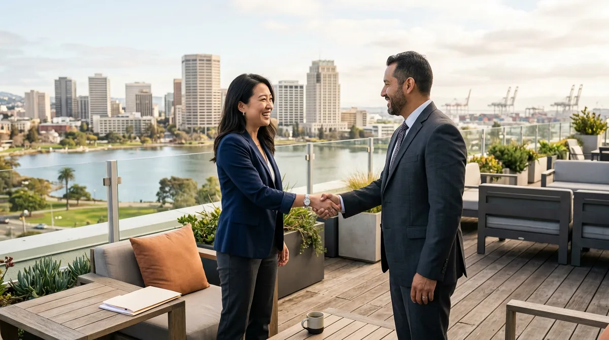 Oakland skyline with Lake Merritt and Port of Oakland cranes behind a KORE1 recruiter and East Bay hiring manager shaking hands