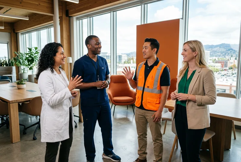 Healthcare, biotech, and logistics professionals collaborating in a bright East Bay workspace