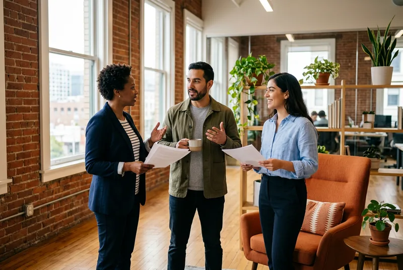 IT professionals talking over printed documents in an Uptown Oakland brick-and-timber office