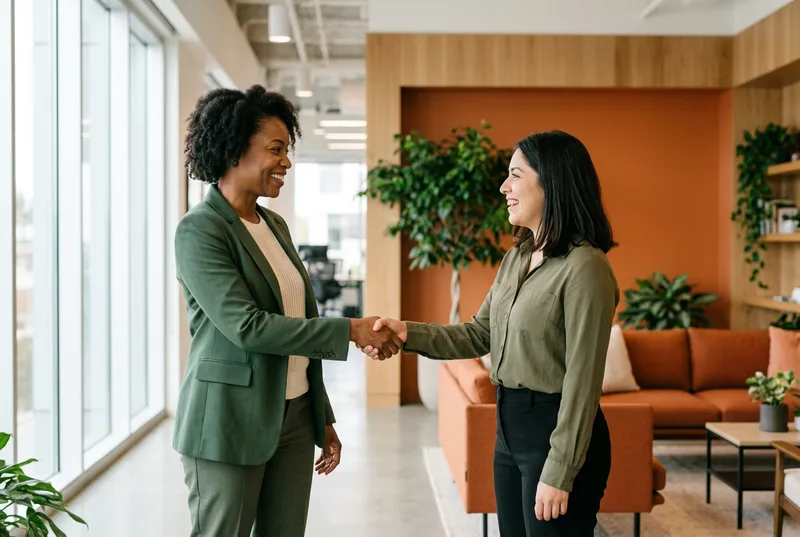 Oakland hiring manager welcoming a new employee in a bright East Bay office lobby