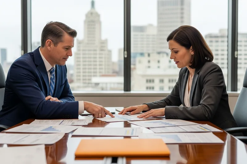 Finance professionals reviewing reports in a downtown Providence office with skyline views