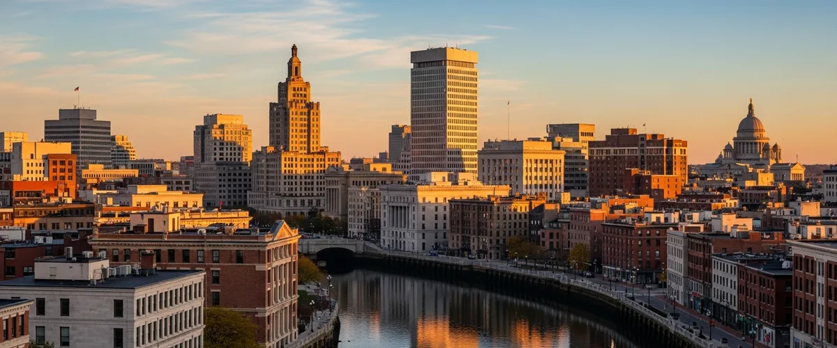 Providence Rhode Island skyline and riverfront at golden hour with the State House dome