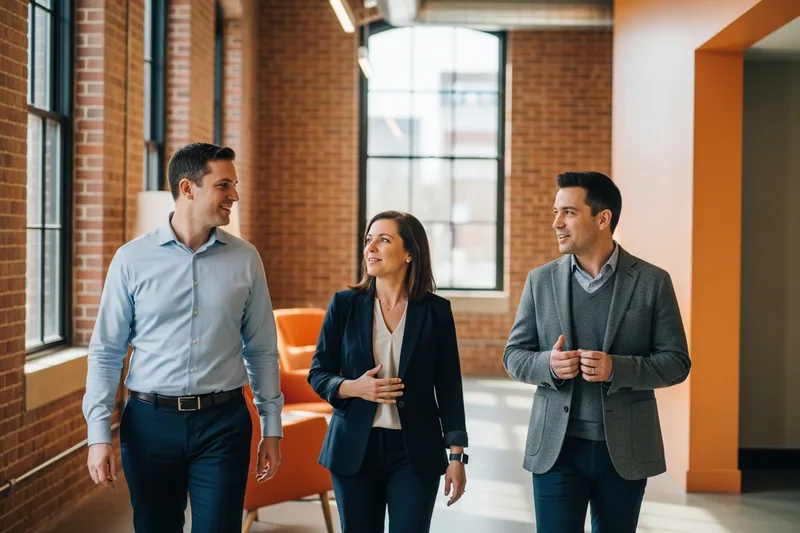 Professionals collaborating in a renovated Providence mill building with exposed brick