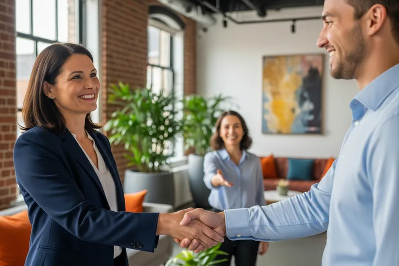Hiring manager welcoming a new employee in a bright Providence office reception