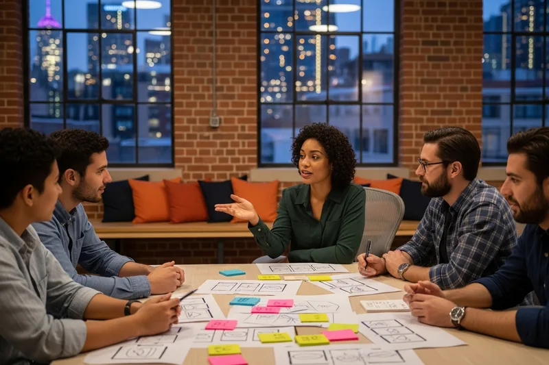 Technology team collaborating over wireframes in a converted Providence warehouse office