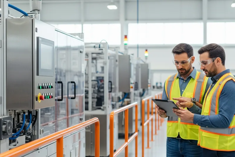 Two engineers in safety glasses and high-visibility vests reviewing a tablet beside a precision production line inside a clean modern manufacturing plant in the Richmond Virginia area, with stainless equipment, control panels, and orange safety accents under bright daylight