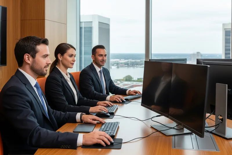 Three finance professionals reviewing financial data on monitors at a conference table inside a modern downtown Richmond Virginia office tower with warm wood paneling, an orange accent, and large windows overlooking the James River and the city skyline