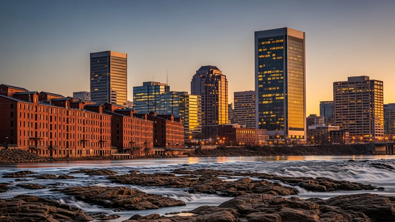 Golden-hour view of the downtown Richmond Virginia skyline rising above the James River, with the rapids and rocks of the fall line in the foreground, historic red-brick warehouses along the riverbank, and modern office towers under a warm evening sky