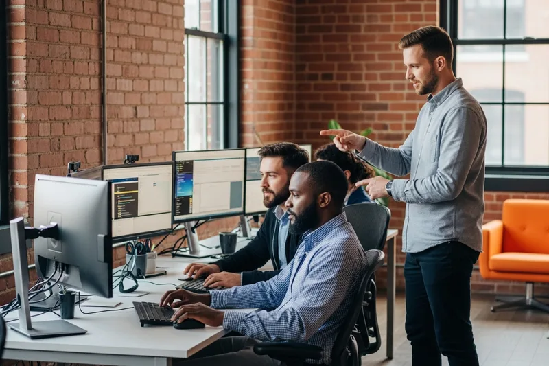 A small modern technology team of three IT professionals collaborating at multi-monitor workstations inside a bright converted red-brick loft office in the Scott's Addition district of Richmond Virginia, with exposed brick, tall windows, warm afternoon light, and an orange accent chair