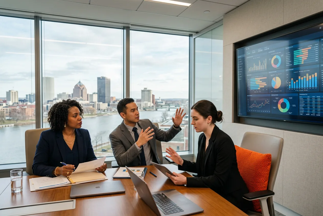 Rochester finance professionals reviewing quarterly financial dashboards in a downtown Rochester office tower