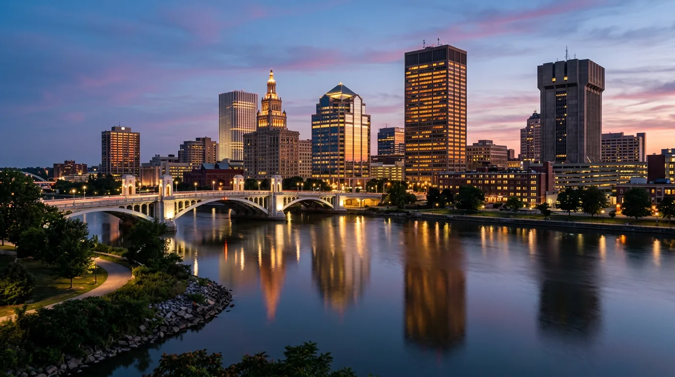 Rochester New York downtown skyline along the Genesee River at twilight with Frederick Douglass-Susan B. Anthony Memorial Bridge in foreground